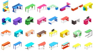Bright colorful 3D isometric office desks and workstations collection featuring various desk designs and office furniture in low-poly style