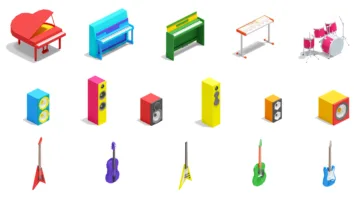 Colorful 3D isometric musical instruments collection featuring pianos, guitars, drums, and speakers in bright low-poly design