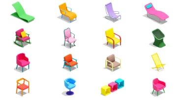 3D isometric outdoor and patio furniture collection featuring lounge chairs, recliners, and outdoor seating in bright colorful low-poly style