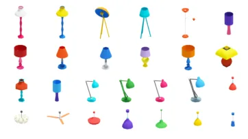 Bright colorful 3D isometric lighting collection featuring table lamps, floor lamps, ceiling lights, and decorative lighting in low-poly design