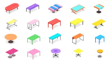 3D isometric dining tables and work tables collection in bright colors featuring various table designs and shapes in low-poly style
