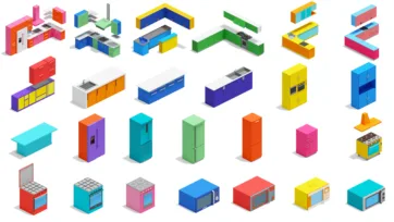 Colorful 3D isometric kitchen furniture and appliances featuring bright colored cabinets, refrigerators, ovens, and kitchen units in low-poly style
