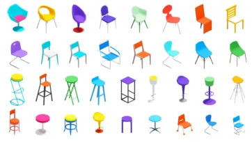 3D isometric chairs collection in bright colors featuring dining chairs, office chairs, bar stools, and seating furniture in low-poly style