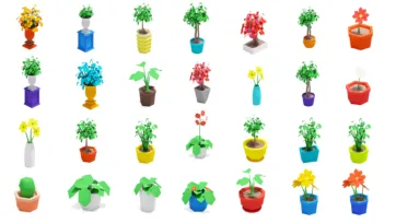 Bright colorful 3D isometric plants and flowers collection featuring potted plants, trees, and floral arrangements in vibrant low-poly design