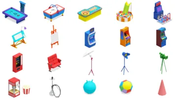Colorful 3D isometric games and entertainment furniture featuring pool tables, arcade machines, playground equipment, and recreational items