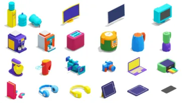 3D isometric electronics and appliances collection featuring TVs, computers, kitchen appliances, and devices in bright colorful low-poly style