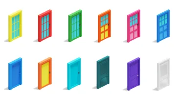 Bright colorful 3D isometric doors and windows collection featuring various door styles and window frames in vibrant low-poly design