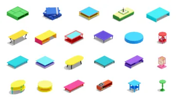 3D isometric coffee tables and side tables collection in bright colors featuring various shapes and designs in low-poly style