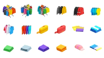 Colorful 3D isometric clothing and textile items featuring hanging clothes, folded garments, and fabric accessories in bright colors