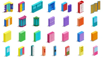3D isometric wardrobes and cabinets collection in bright colors featuring closets, storage units, and filing cabinets in low-poly style