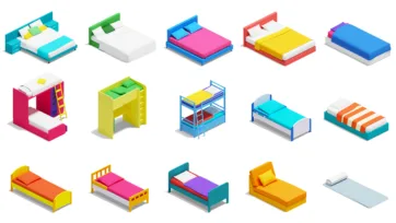 Bright colorful 3D isometric beds collection featuring single beds, double beds, bunk beds, and children's beds in vibrant low-poly style