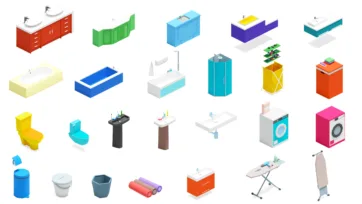 3D isometric bathroom and kitchen furniture collection featuring bright colored cabinets, vanities, appliances, and fixtures in low-poly style