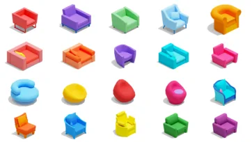 Colorful 3D isometric armchairs and sofas in bright colors including red, purple, green, blue, and orange low-poly furniture models