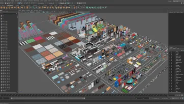 3D low poly furniture casual pack in Maya software workspace displaying organized furniture assets and scene hierarchy