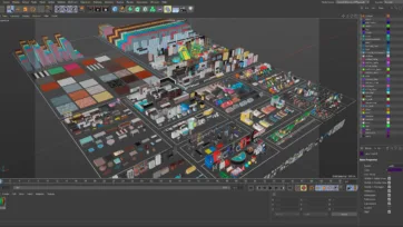 3D low poly furniture casual pack in Cinema 4D software showing complete scene setup with organized furniture assets