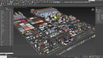 3D low poly furniture casual pack displayed in 3ds Max software interface showing comprehensive asset collection and hierarchy