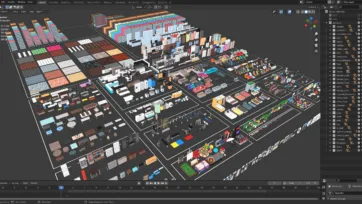 3D low poly furniture casual pack overview in Blender software showing complete collection layout and asset organization