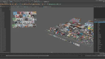 Maya 3D software interface featuring low poly interior furniture assets with complete modeling and animation workspace
