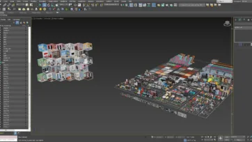3ds Max software interface showcasing interior design 3D low poly assets with organized furniture library and modeling tools