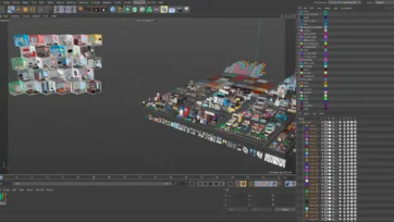 Cinema 4D software interface displaying 3D interior low poly modeling with furniture assets and room design elements