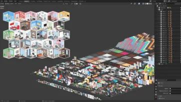 Blender 3D software interface showing Interior 2 low poly pack with complete furniture asset library and room layouts
