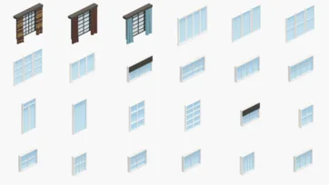 3D low poly window architectural element collection featuring curtained windows, glass panels and various frame styles
