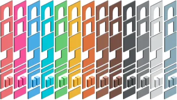 3D low poly architectural elements and color palette showing doors, windows and material variations in multiple colors