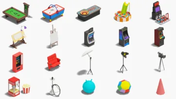 3D low poly game and entertainment equipment with pool table, arcade machines, vending machines and recreation furniture