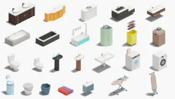 3D low poly bathroom vanity and fixture collection with sinks, bathtubs, toilets, washing machines and bathroom furniture