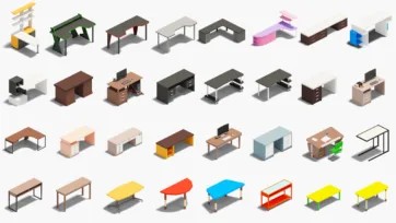 3D low poly office desk and workspace furniture collection with executive desks, computer tables and modern office setups