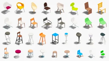 3D low poly chair collection featuring various styles including modern office chairs, dining chairs and colorful seating options