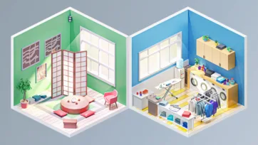 Isometric 3D low poly meditation room with Japanese-style decor and organized laundry space with storage