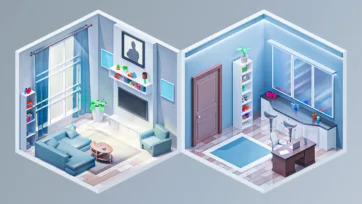 Isometric 3D low poly living room with fireplace and modern laundry utility room with washer and dryer