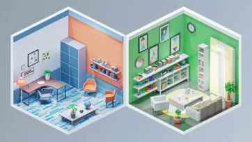 Isometric 3D low poly study room with colorful walls and library lounge area with extensive bookshelves