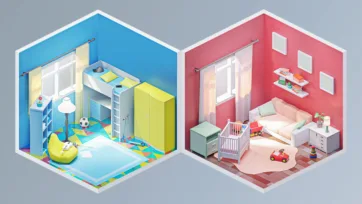 Isometric 3D low poly children's rooms featuring nursery with crib and colorful kids bedroom with toys