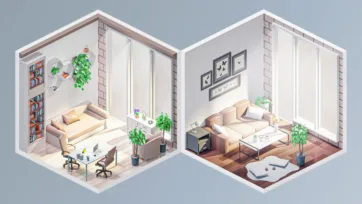 Isometric 3D low poly cozy living rooms with built-in bookshelves, comfortable seating and warm lighting