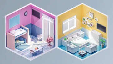 Isometric 3D low poly bunk bedroom and modern room with white and yellow color scheme and contemporary furniture