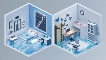 Isometric 3D low poly bedroom with violin and study room with bunk bed, desk and butterfly wall decorations