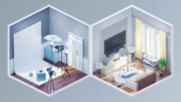 Isometric 3D low poly photo studio with professional lighting equipment and modern living room with entertainment center