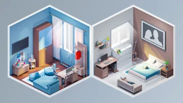 Isometric 3D low poly kids bedroom with bunk bed and teen room with computer desk and study area