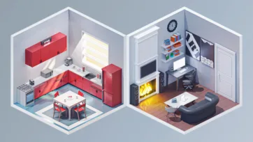 Isometric 3D low poly modern kitchen with red cabinets and cozy living room with fireplace and dark furniture