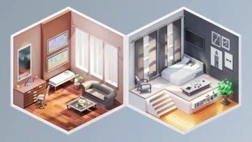 Isometric 3D low poly nursery room and modern bedroom with wooden floors, contemporary furniture and wall art