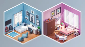 Isometric 3D low poly teenage bedroom and gaming room with blue walls, computer setup and pink decor