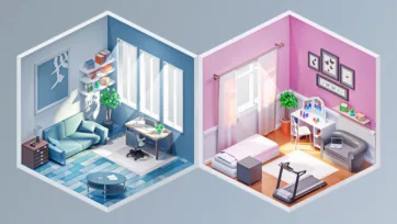 Isometric 3D low poly home office with blue walls and pink bedroom with exercise equipment and desk setup