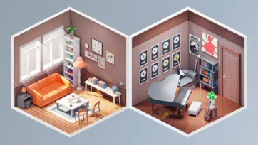 Isometric 3D low poly living room and music studio with orange sofa, piano, vinyl records and modern furniture
