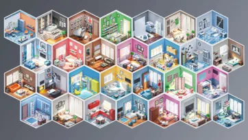 Isometric 3D low poly interior rooms collection showing modern living spaces, bedrooms, kitchens and offices with colorful walls and furniture