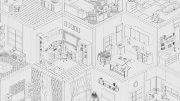 Detailed isometric line drawings and cutaway illustrations of interior spaces showing room layouts, furniture placement, and architectural details in outline style