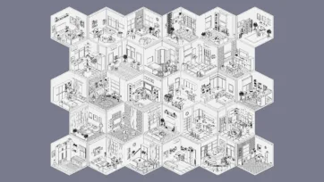 Collection of black and white line art sketches showing isometric interior room layouts with furniture outlines for architectural and design reference