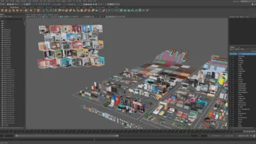 Autodesk Maya interface featuring the Interior 3 low poly collection with isometric room designs, furniture models, and organized scene hierarchy