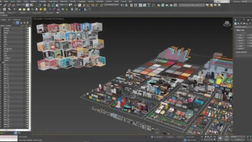 3ds Max software interface showing the comprehensive Interior 3 low poly pack with detailed room layouts, furniture assets, and layer management structure